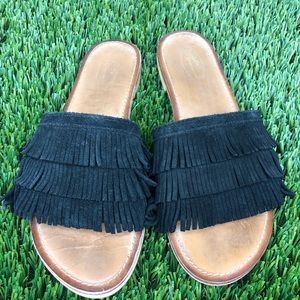 Seychelles Nordstrom black fringe slip on sandals